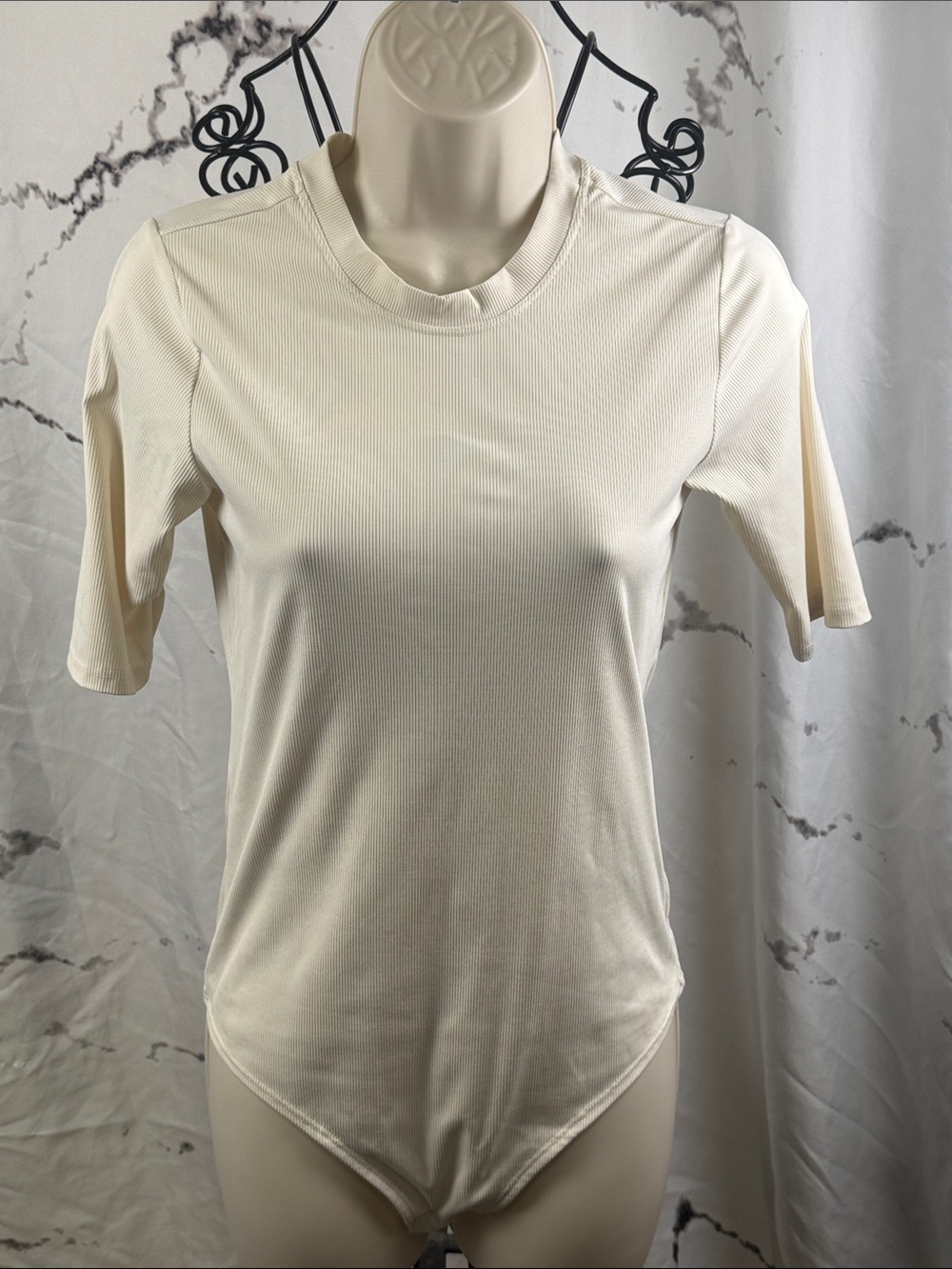 SPANX Suit Yourself Ribbed Bodysuit Crew Neck Short Sleeve Snap Crotch Parchment